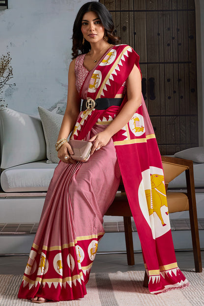 Mesmeric Red Ajrakh Printed Satin Silk Saree With Magnetic Blouse Piece
