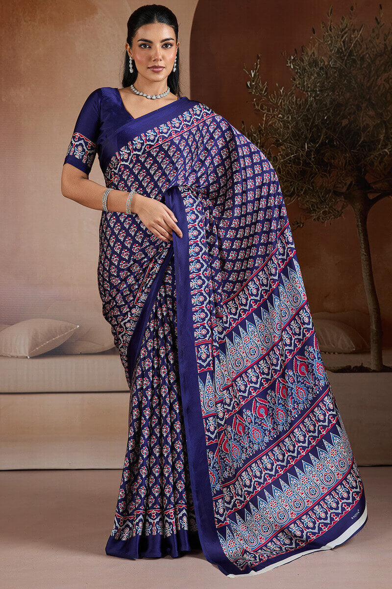 Ailurophile Navy Blue Ajrakh Printed Satin Silk Saree With Piquant Blouse Piece
