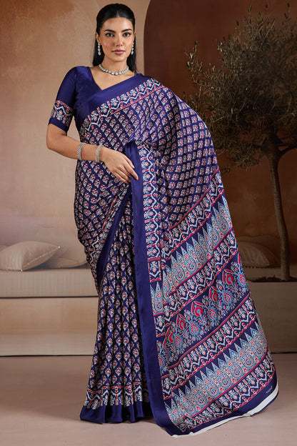 Ailurophile Navy Blue Ajrakh Printed Satin Silk Saree With Piquant Blouse Piece