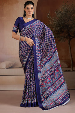 Ailurophile Navy Blue Ajrakh Printed Satin Silk Saree With Piquant Blouse Piece