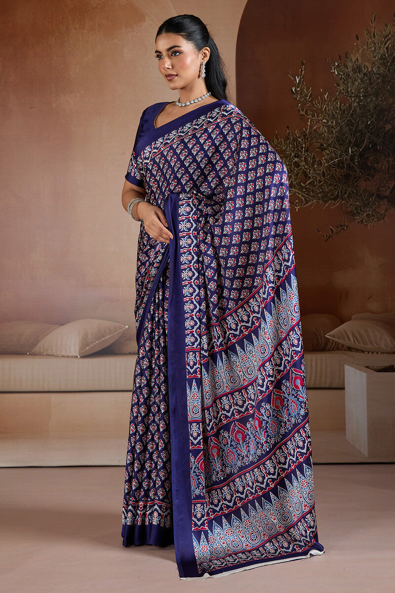 Ailurophile Navy Blue Ajrakh Printed Satin Silk Saree With Piquant Blouse Piece