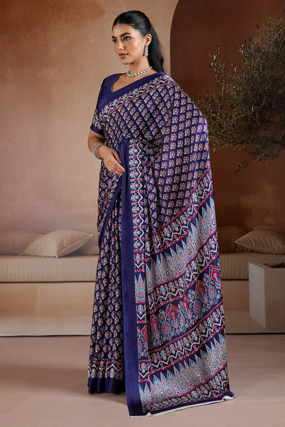 Ailurophile Navy Blue Ajrakh Printed Satin Silk Saree With Piquant Blouse Piece