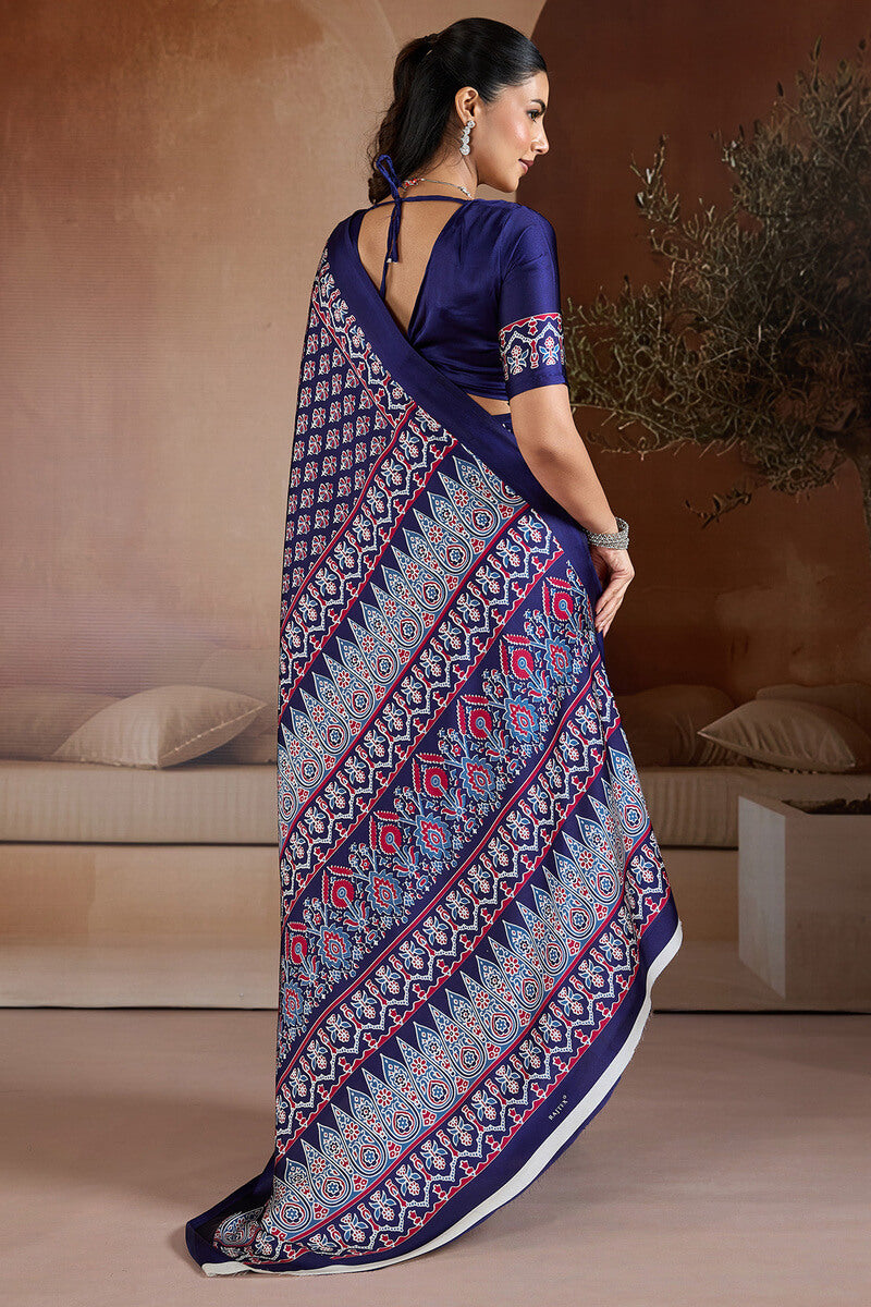 Ailurophile Navy Blue Ajrakh Printed Satin Silk Saree With Piquant Blouse Piece