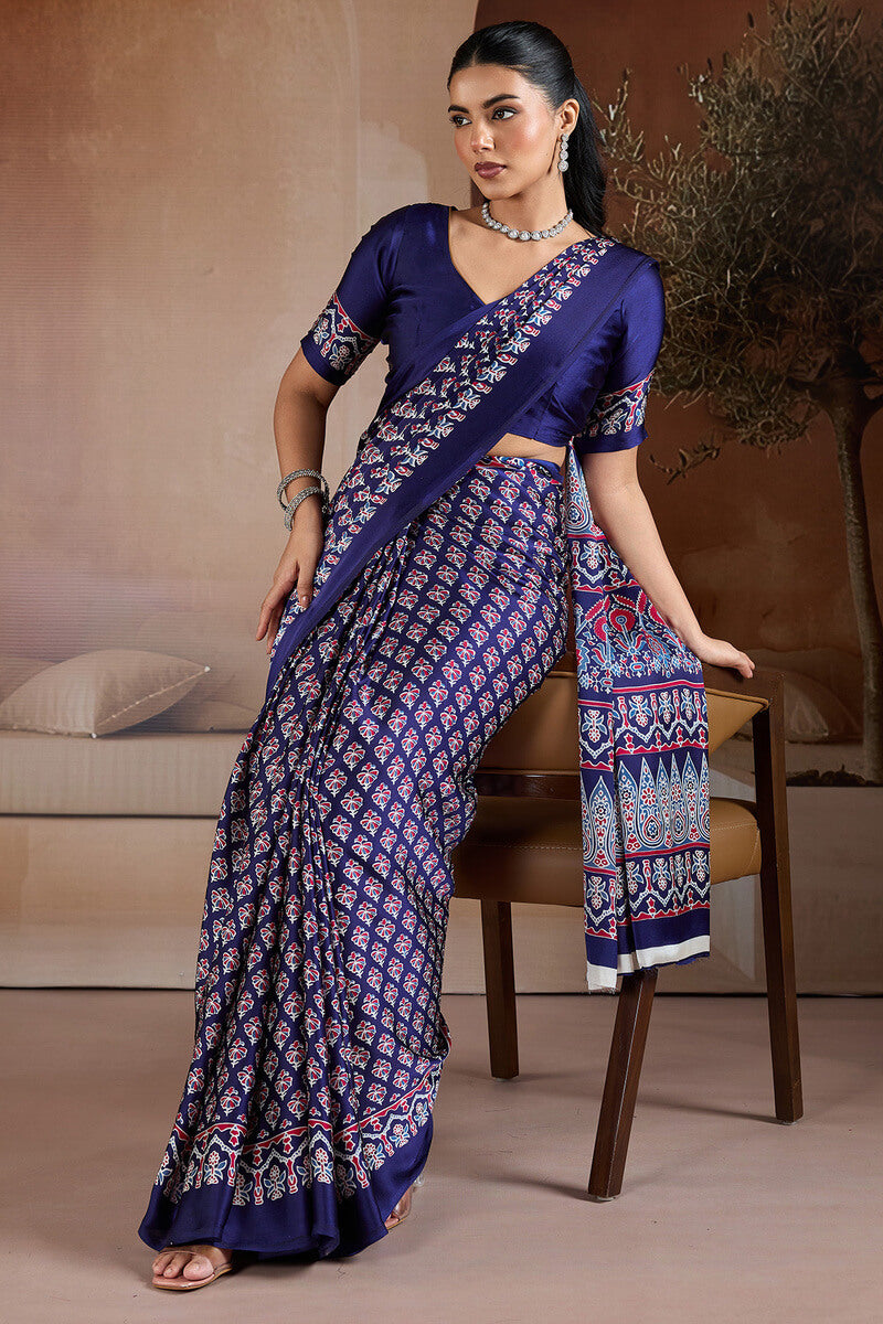 Ailurophile Navy Blue Ajrakh Printed Satin Silk Saree With Piquant Blouse Piece