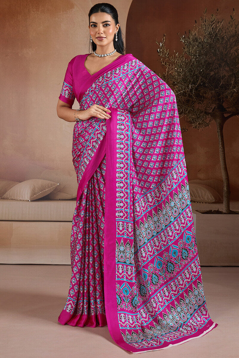 Trendy Dark Pink Ajrakh Printed Satin Silk Saree With Glorious Blouse Piece