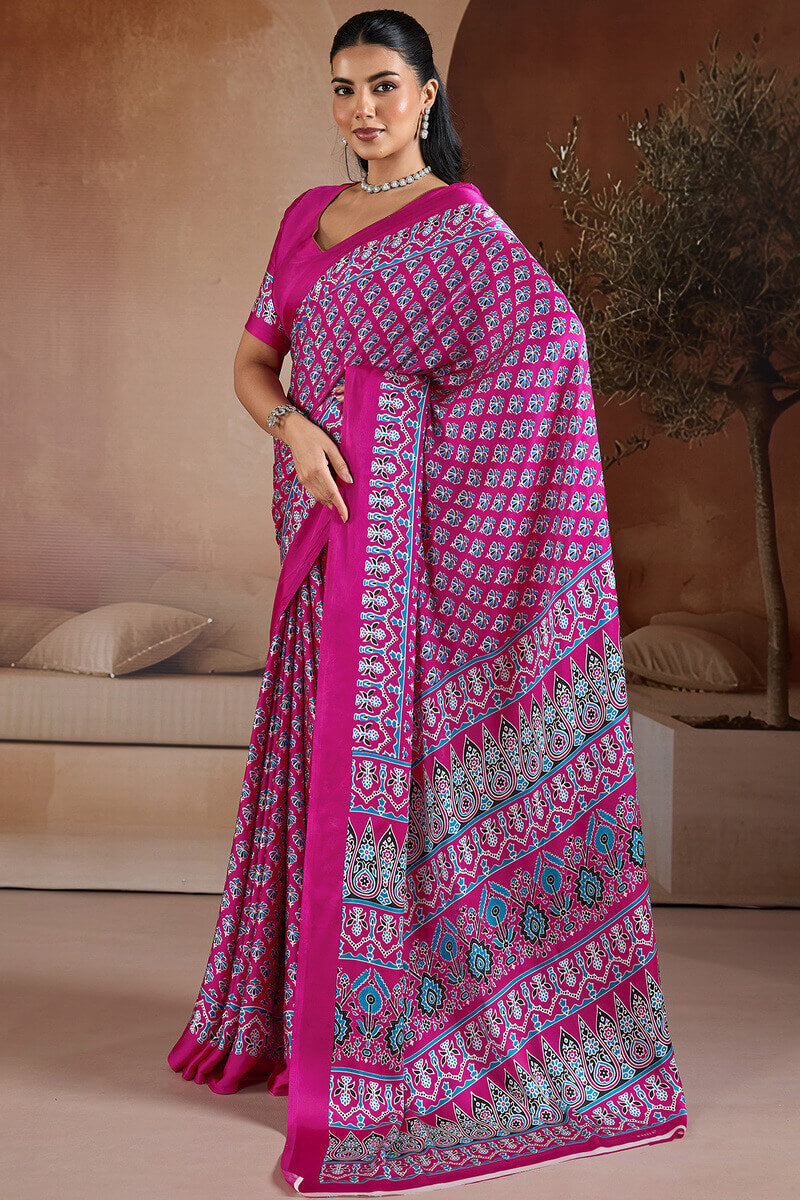 Trendy Dark Pink Ajrakh Printed Satin Silk Saree With Glorious Blouse Piece