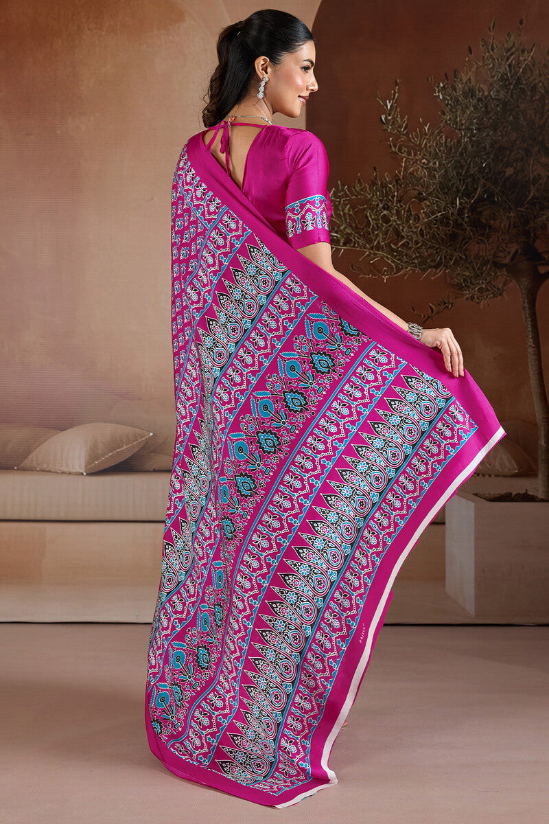 Trendy Dark Pink Ajrakh Printed Satin Silk Saree With Glorious Blouse Piece