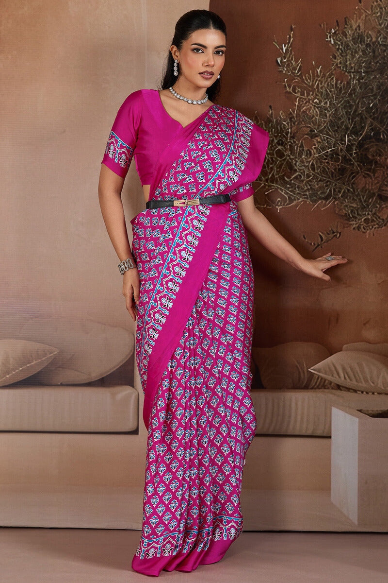 Trendy Dark Pink Ajrakh Printed Satin Silk Saree With Glorious Blouse Piece