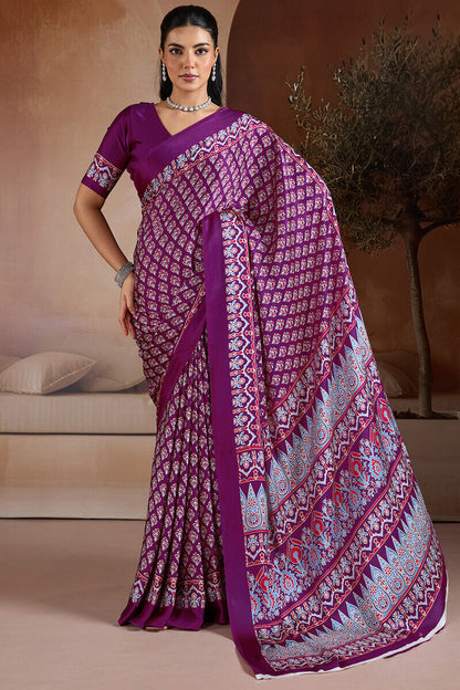 Lissome Purple Ajrakh Printed Satin Silk Saree With Desultory Blouse Piece