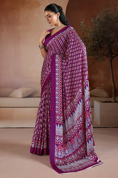 Lissome Purple Ajrakh Printed Satin Silk Saree With Desultory Blouse Piece