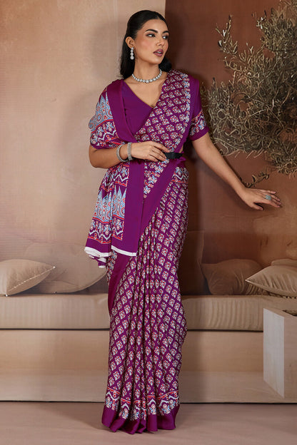 Lissome Purple Ajrakh Printed Satin Silk Saree With Desultory Blouse Piece