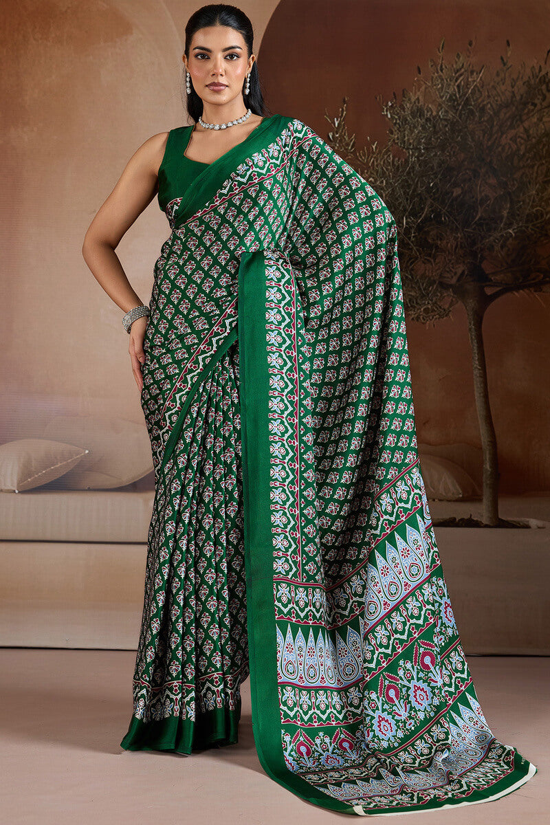 Blissful Dark Green Ajrakh Printed Satin Silk Saree With Unequalled Blouse Piece