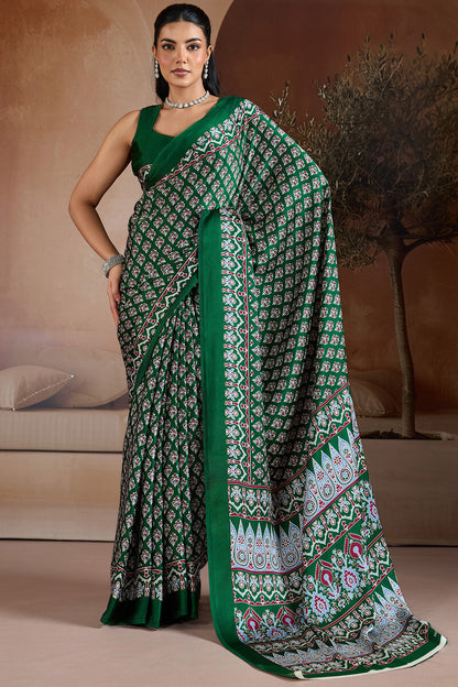 Blissful Dark Green Ajrakh Printed Satin Silk Saree With Unequalled Blouse Piece
