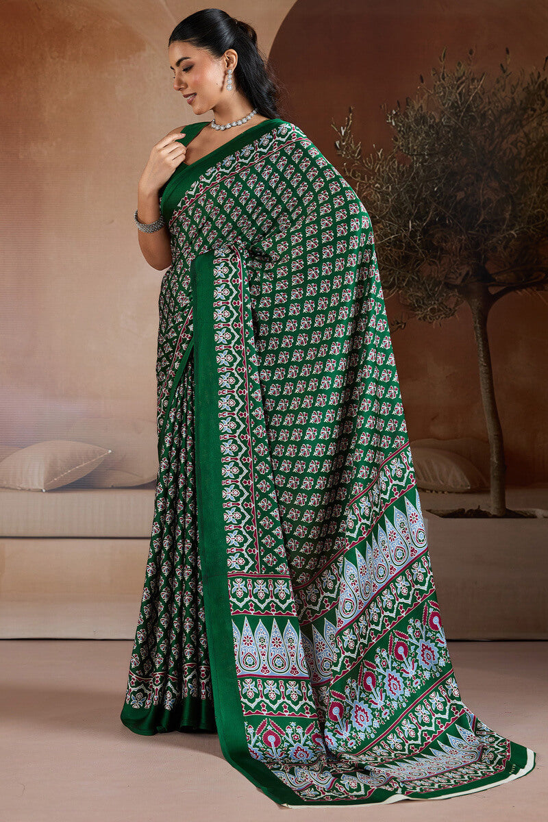 Blissful Dark Green Ajrakh Printed Satin Silk Saree With Unequalled Blouse Piece