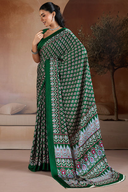 Blissful Dark Green Ajrakh Printed Satin Silk Saree With Unequalled Blouse Piece