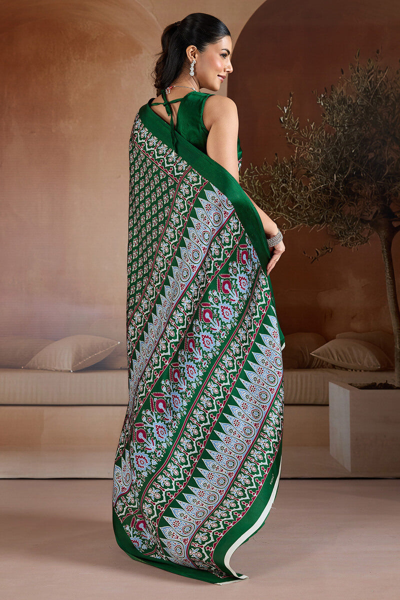 Blissful Dark Green Ajrakh Printed Satin Silk Saree With Unequalled Blouse Piece