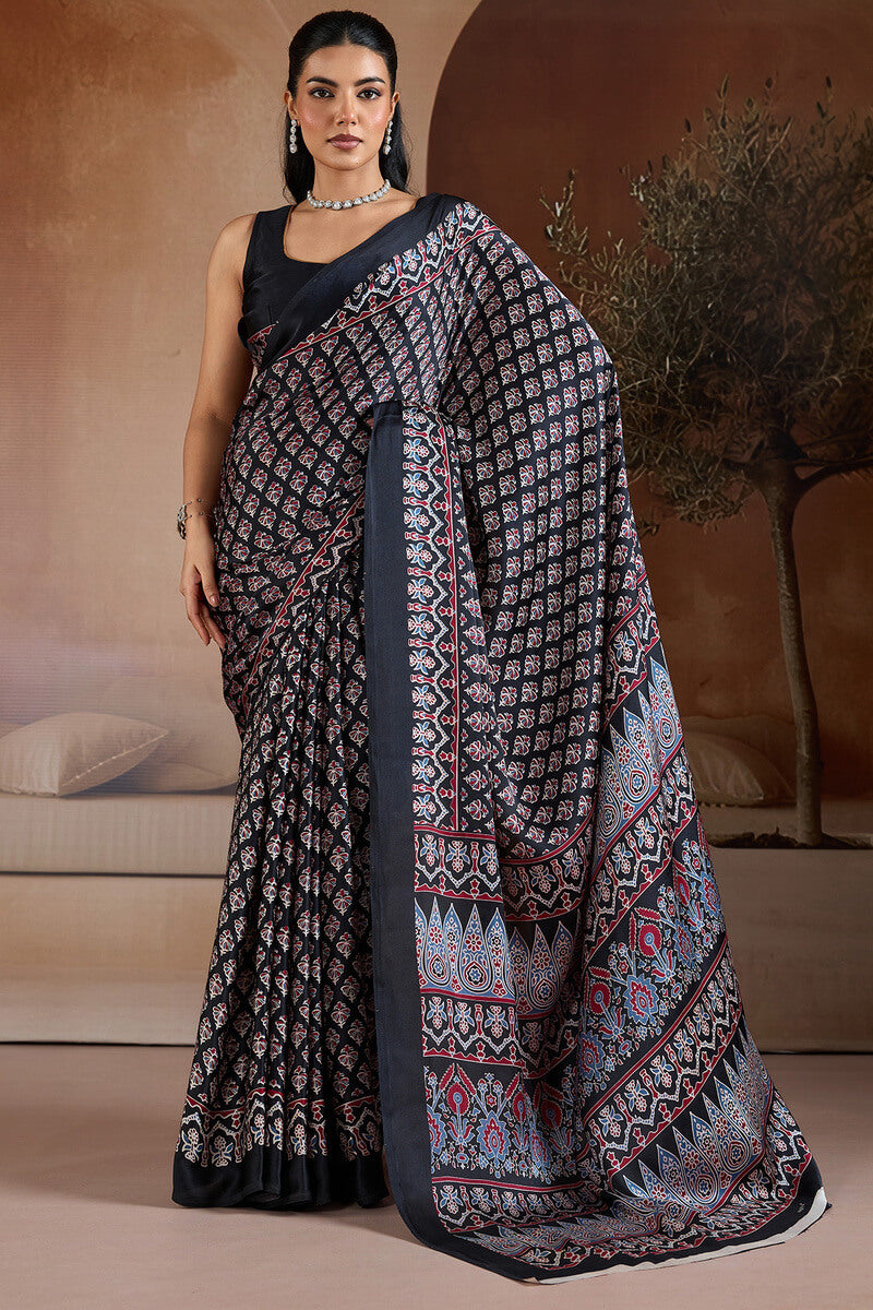 Embrocation Black Ajrakh Printed Satin Silk Saree With Fantabulous Blouse Piece