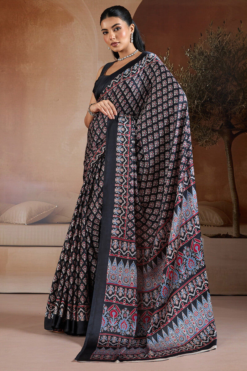 Embrocation Black Ajrakh Printed Satin Silk Saree With Fantabulous Blouse Piece