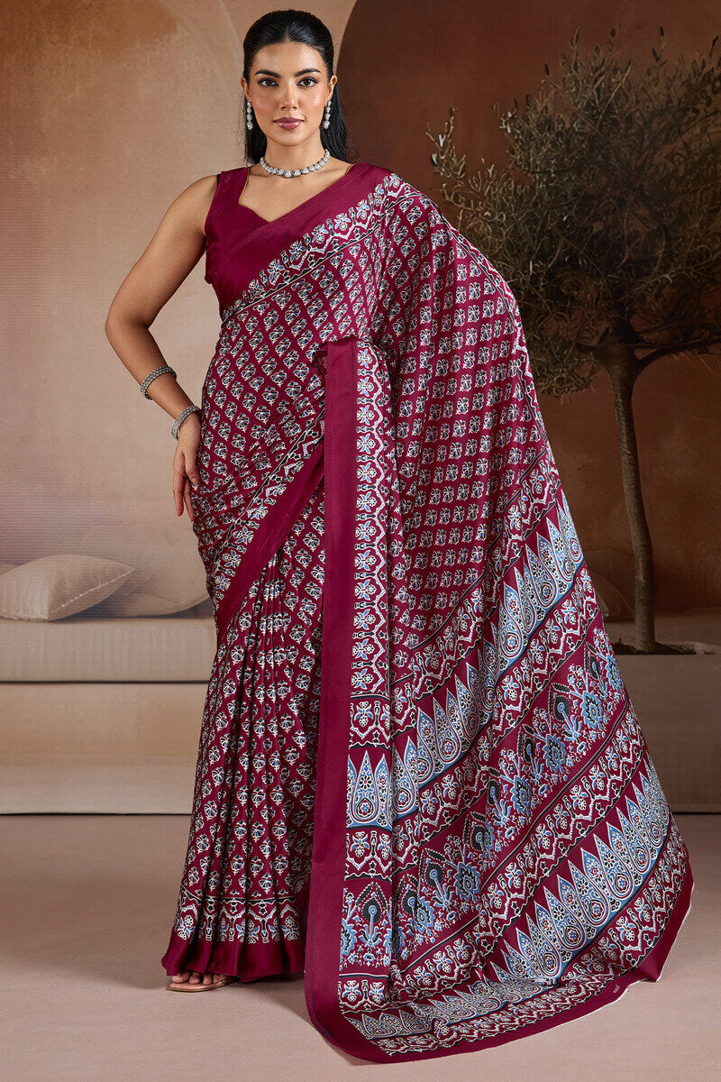 Proficient Wine Ajrakh Printed Satin Silk Saree With Stunner Blouse Piece