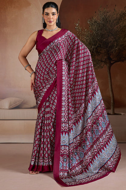 Proficient Wine Ajrakh Printed Satin Silk Saree With Stunner Blouse Piece