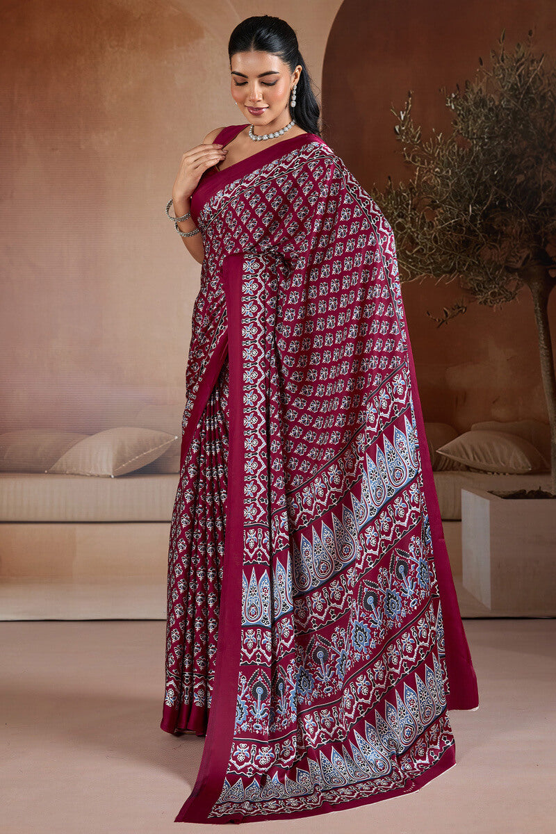 Proficient Wine Ajrakh Printed Satin Silk Saree With Stunner Blouse Piece
