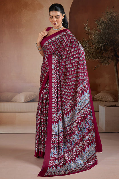 Proficient Wine Ajrakh Printed Satin Silk Saree With Stunner Blouse Piece