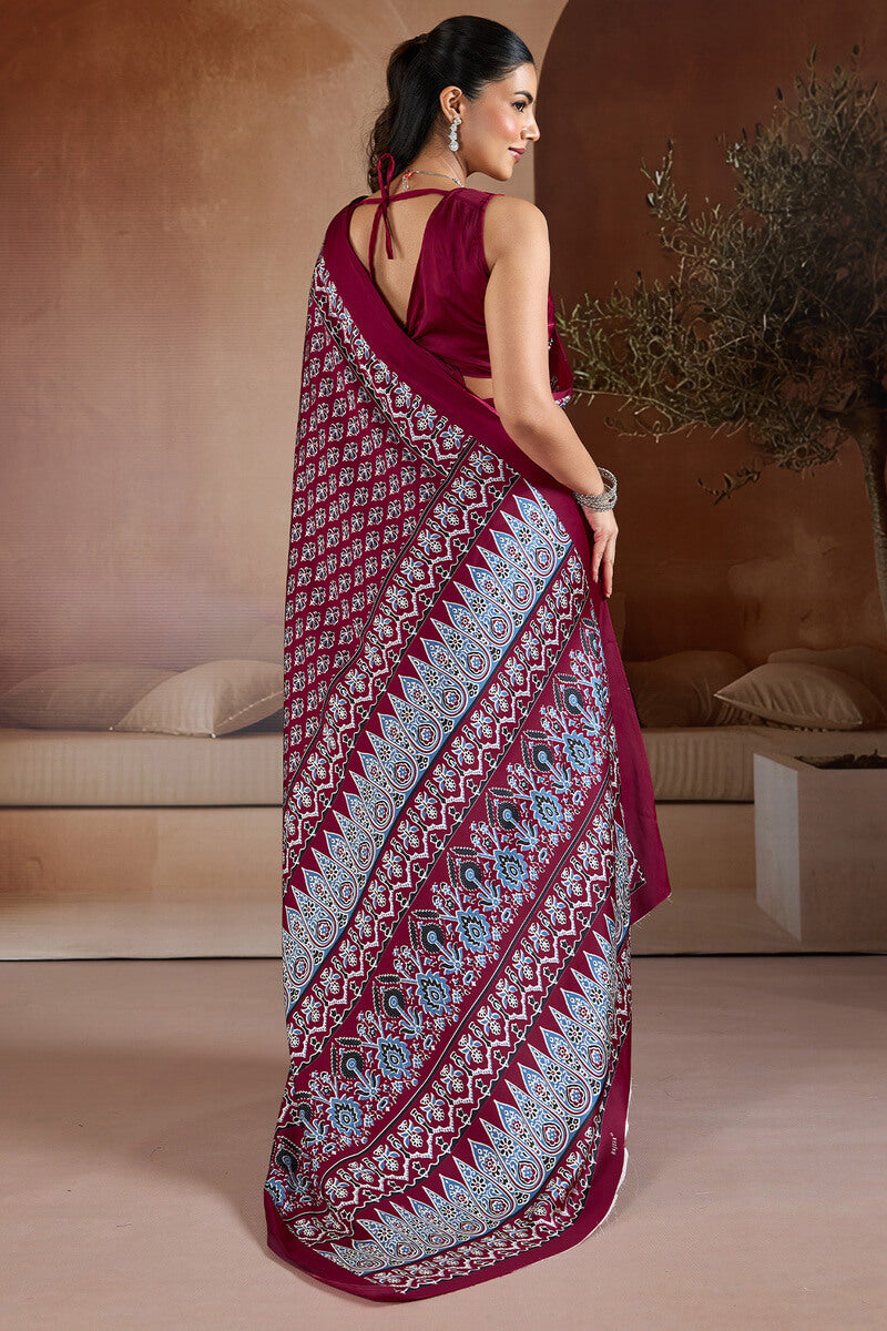 Proficient Wine Ajrakh Printed Satin Silk Saree With Stunner Blouse Piece