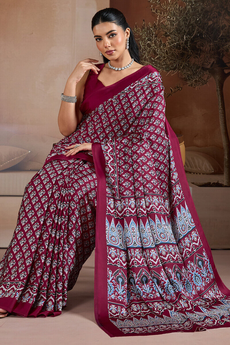 Proficient Wine Ajrakh Printed Satin Silk Saree With Stunner Blouse Piece