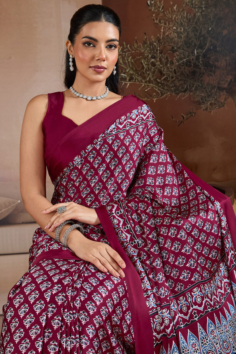 Proficient Wine Ajrakh Printed Satin Silk Saree With Stunner Blouse Piece