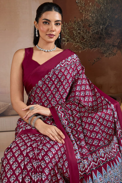 Proficient Wine Ajrakh Printed Satin Silk Saree With Stunner Blouse Piece