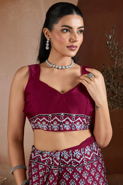 Proficient Wine Ajrakh Printed Satin Silk Saree With Stunner Blouse Piece