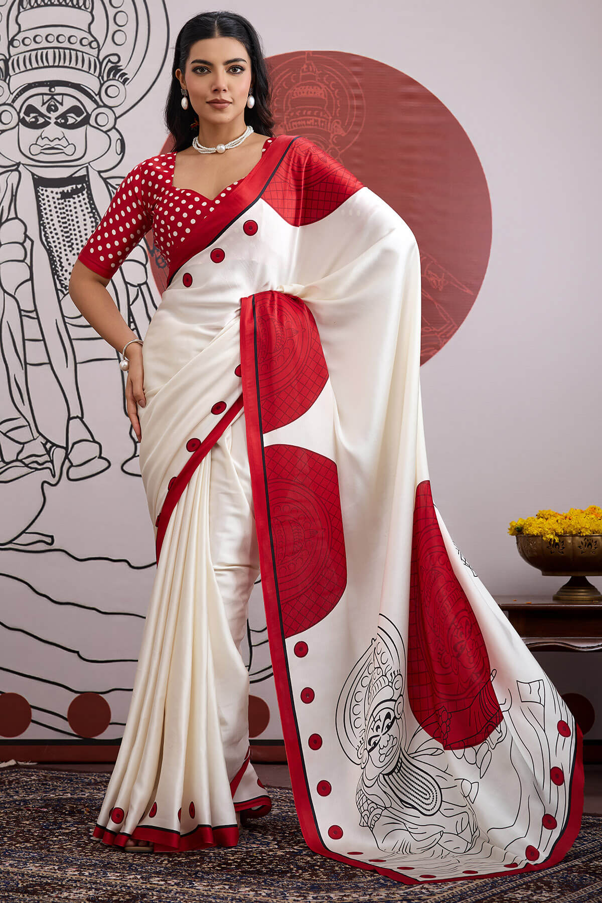 Forbearance Off White and Red Ajrakh Printed Satin Silk Saree With Moiety Blouse Piece