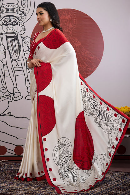 Forbearance Off White and Red Ajrakh Printed Satin Silk Saree With Moiety Blouse Piece