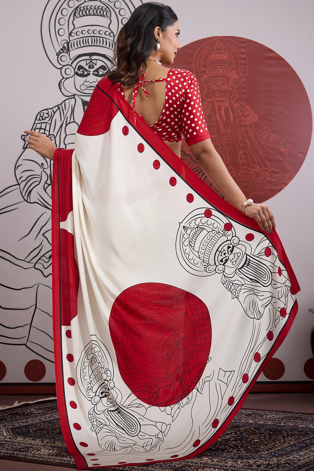 Forbearance Off White and Red Ajrakh Printed Satin Silk Saree With Moiety Blouse Piece