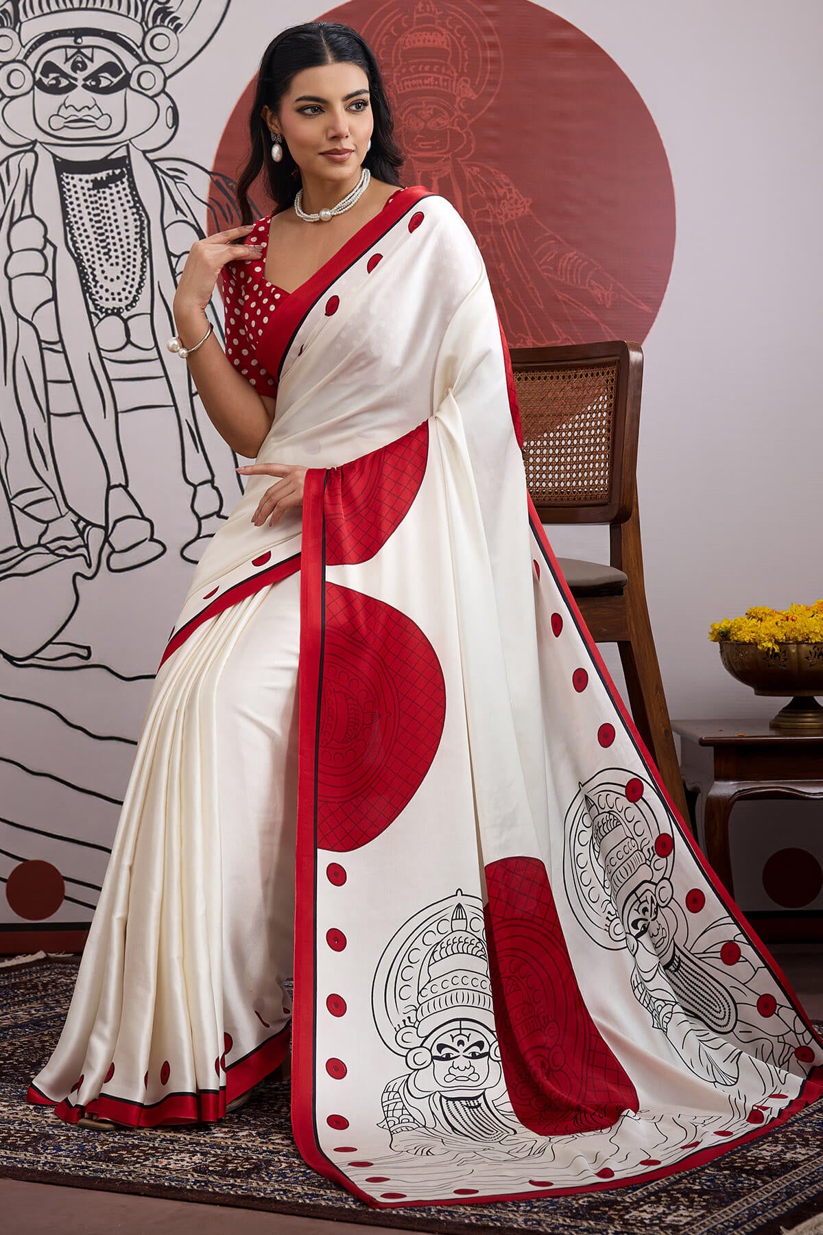 Forbearance Off White and Red Ajrakh Printed Satin Silk Saree With Moiety Blouse Piece
