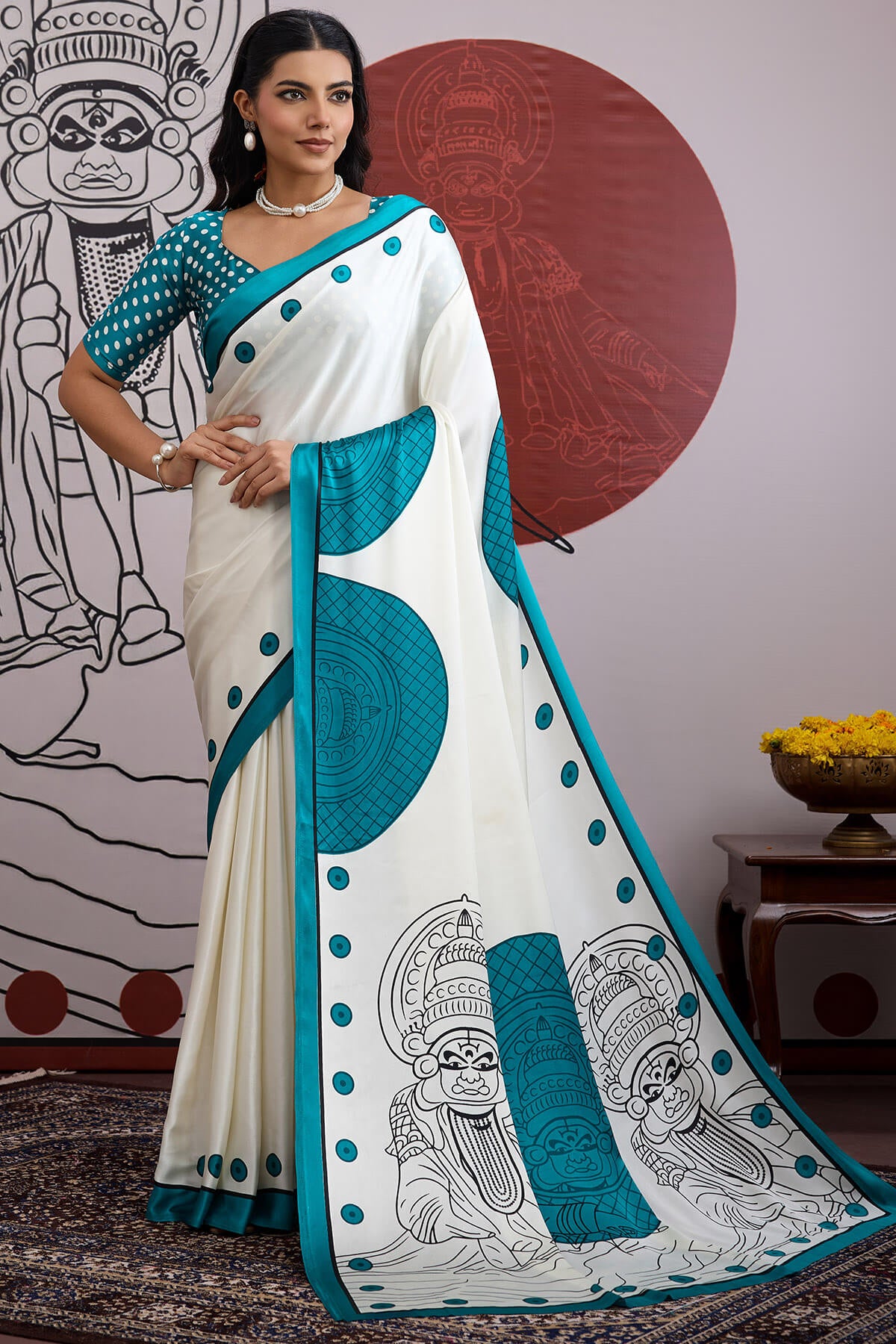 Adorable Off White and Firozi Ajrakh Printed Satin Silk Saree With Flameboyant Blouse Piece