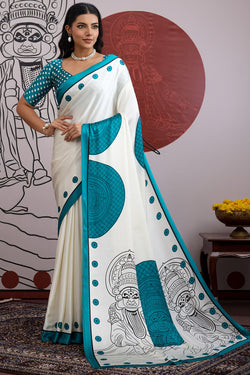 Adorable Off White and Firozi Ajrakh Printed Satin Silk Saree With Flameboyant Blouse Piece
