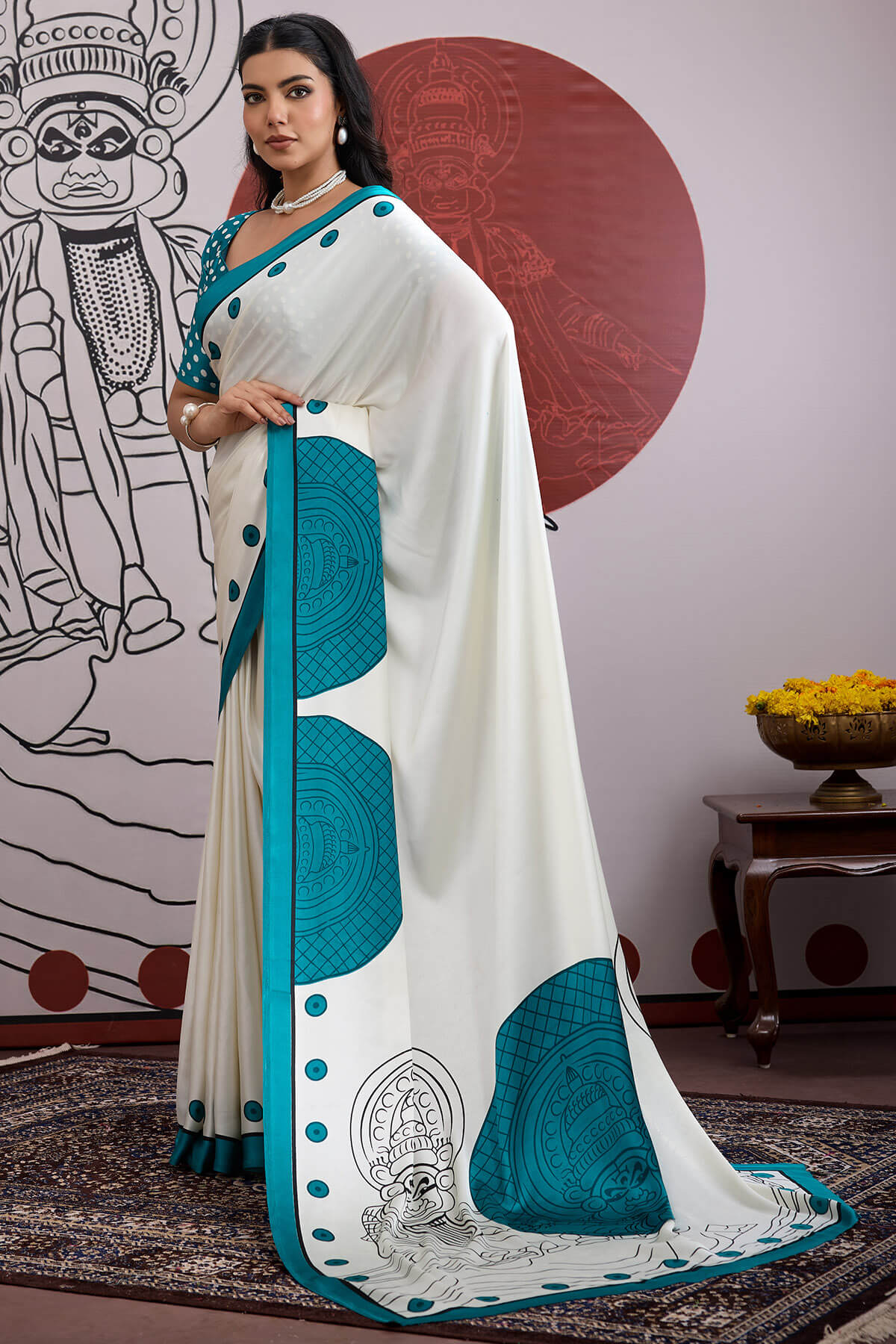 Adorable Off White and Firozi Ajrakh Printed Satin Silk Saree With Flameboyant Blouse Piece