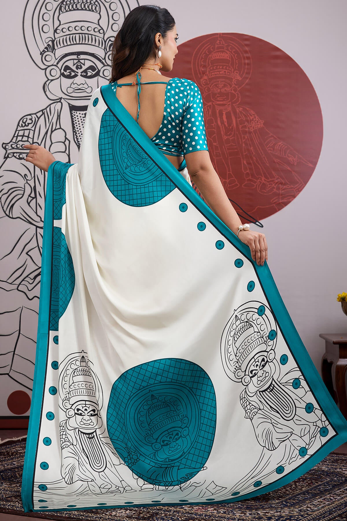 Adorable Off White and Firozi Ajrakh Printed Satin Silk Saree With Flameboyant Blouse Piece