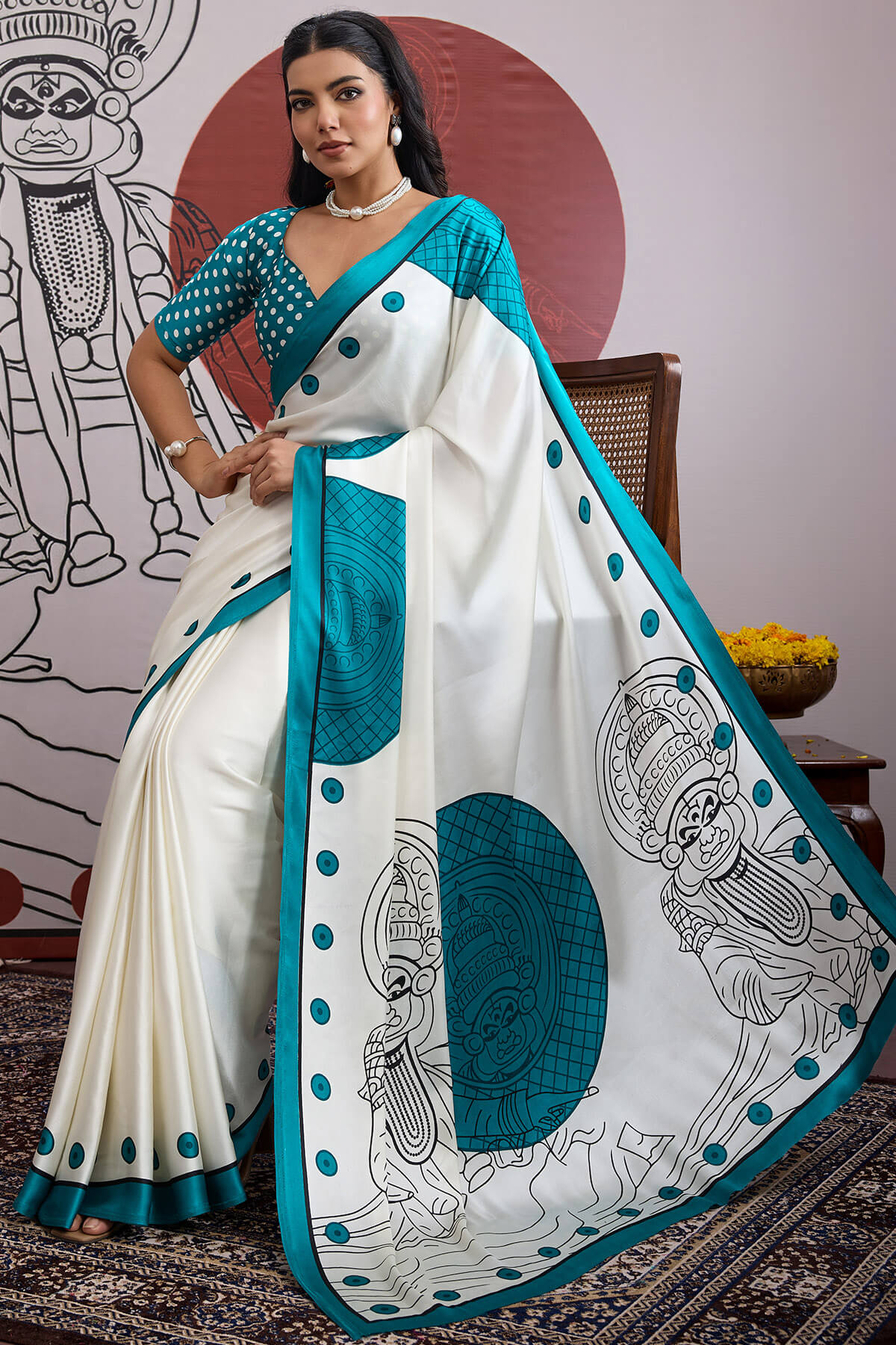 Adorable Off White and Firozi Ajrakh Printed Satin Silk Saree With Flameboyant Blouse Piece