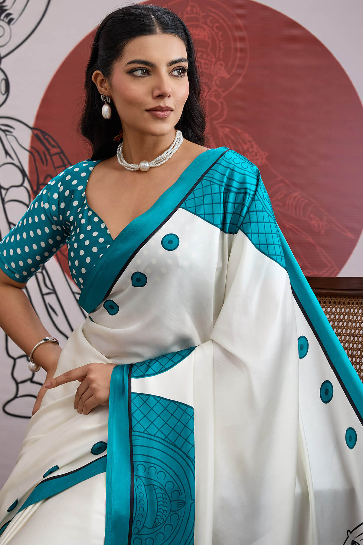 Adorable Off White and Firozi Ajrakh Printed Satin Silk Saree With Flameboyant Blouse Piece