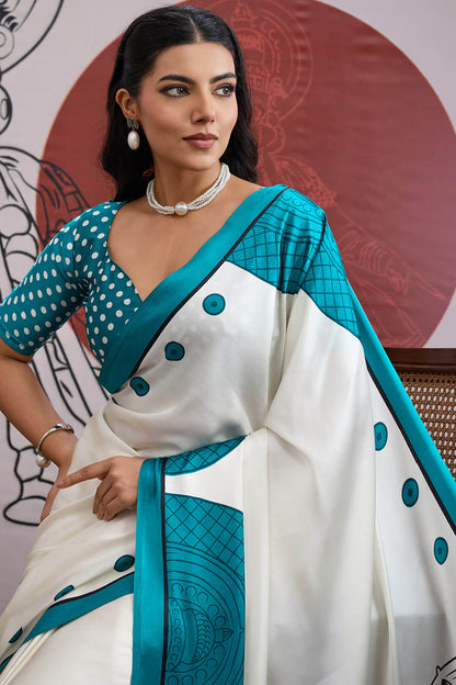 Adorable Off White and Firozi Ajrakh Printed Satin Silk Saree With Flameboyant Blouse Piece