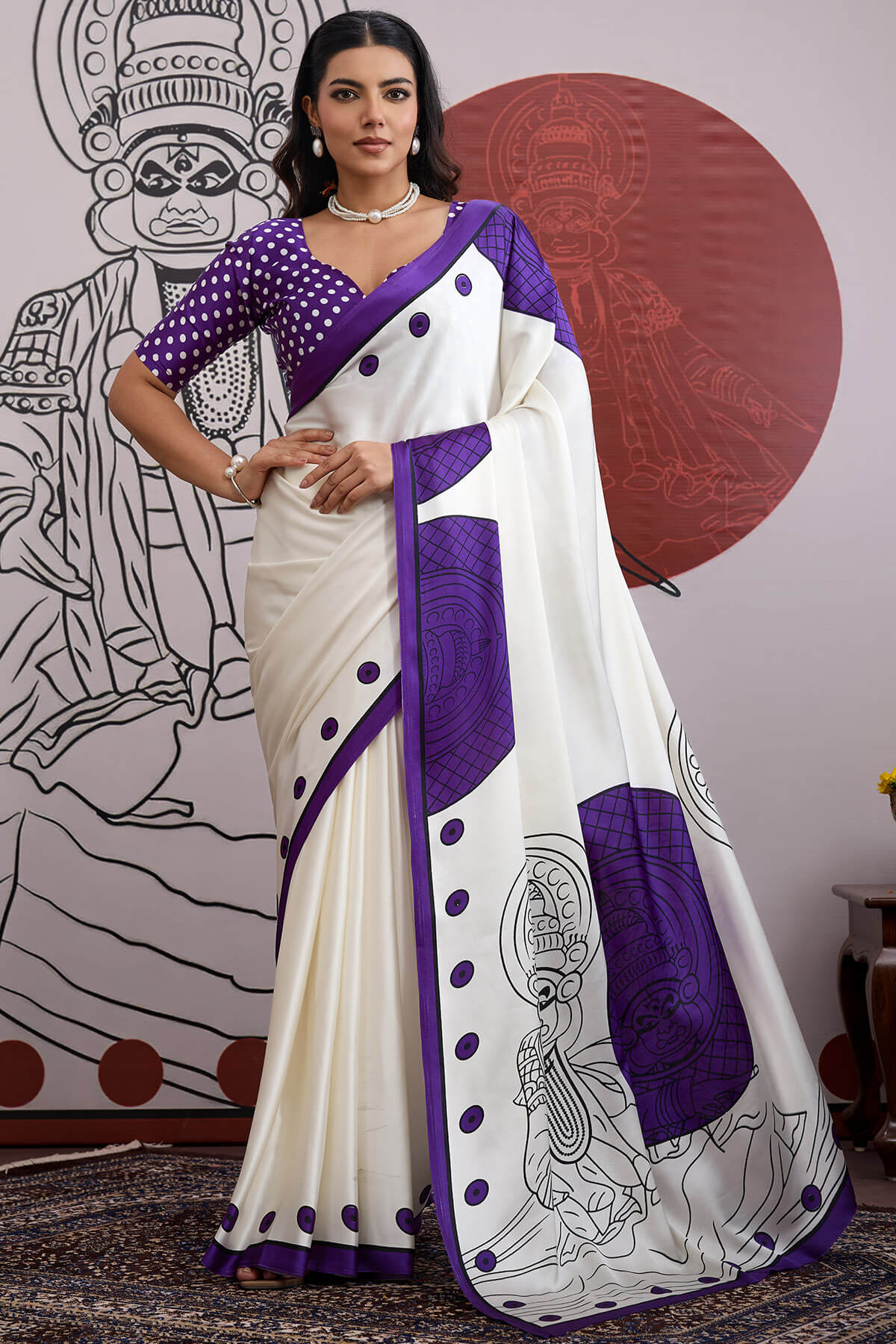 Palimpsest Off White and Purple Ajrakh Printed Satin Silk Saree With Precious Blouse Piece