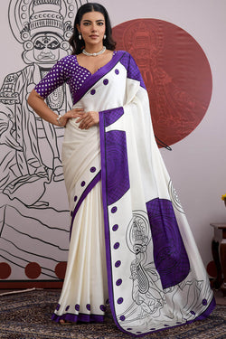 Palimpsest Off White and Purple Ajrakh Printed Satin Silk Saree With Precious Blouse Piece