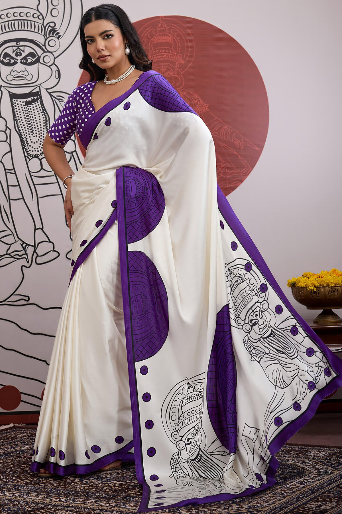 Palimpsest Off White and Purple Ajrakh Printed Satin Silk Saree With Precious Blouse Piece