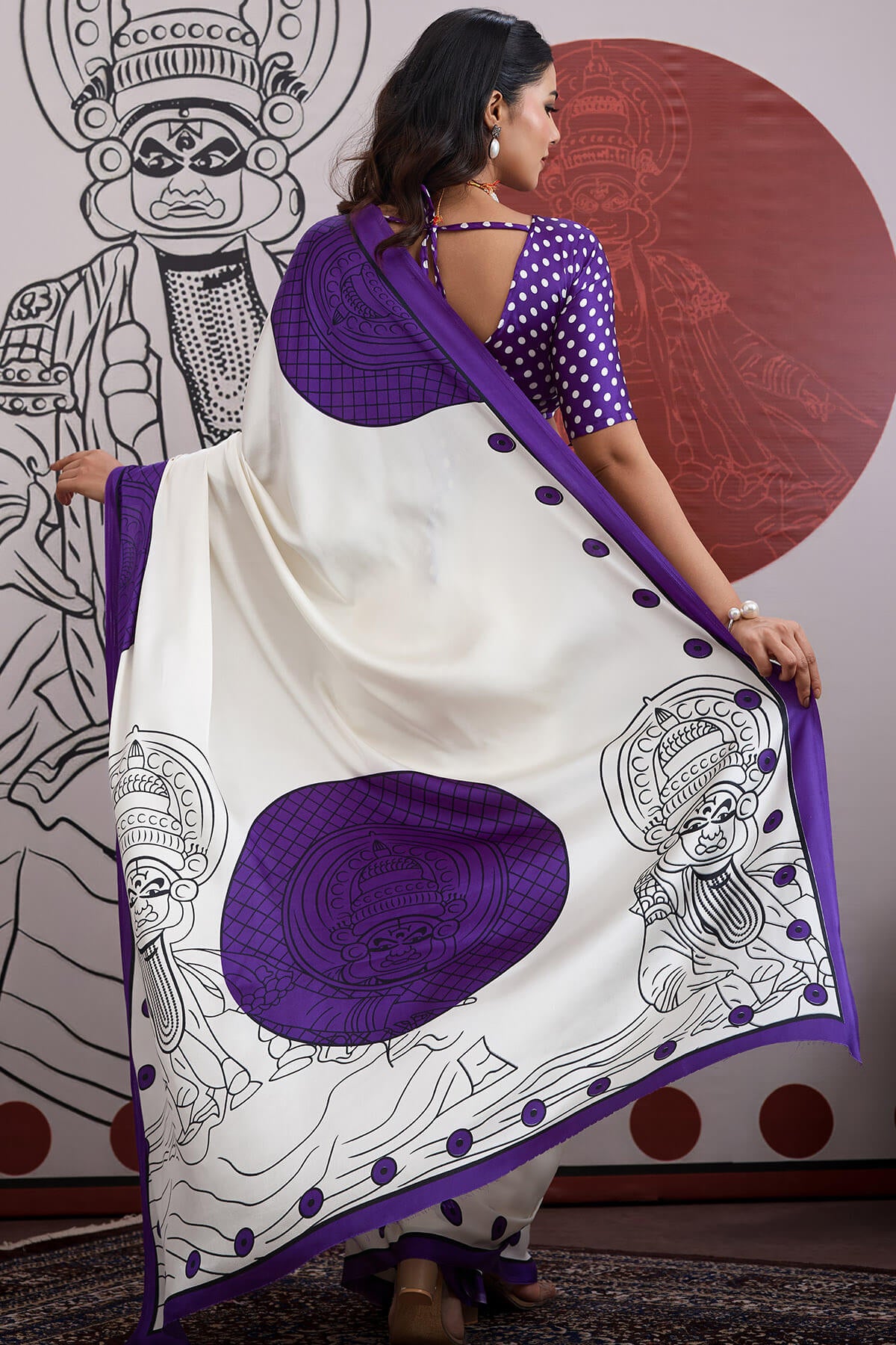 Palimpsest Off White and Purple Ajrakh Printed Satin Silk Saree With Precious Blouse Piece