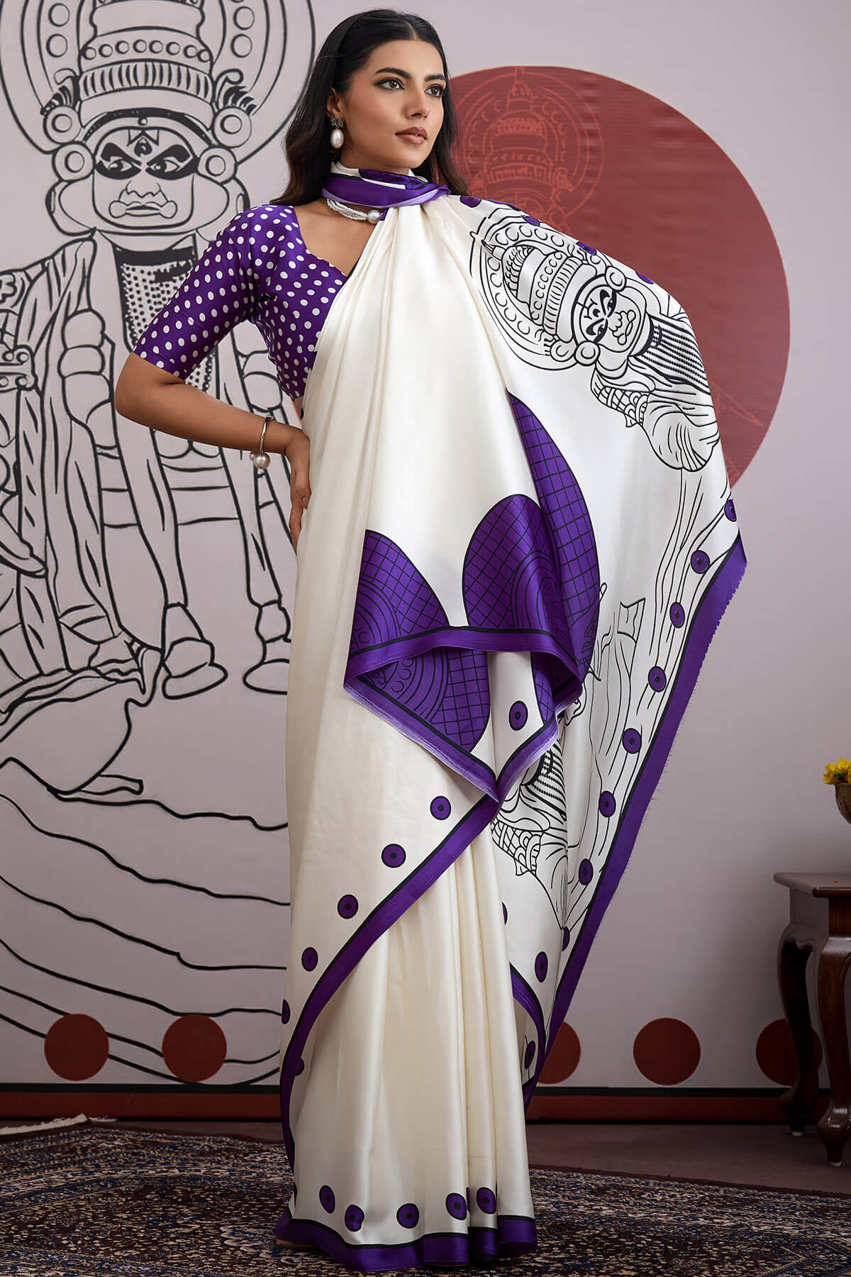Palimpsest Off White and Purple Ajrakh Printed Satin Silk Saree With Precious Blouse Piece