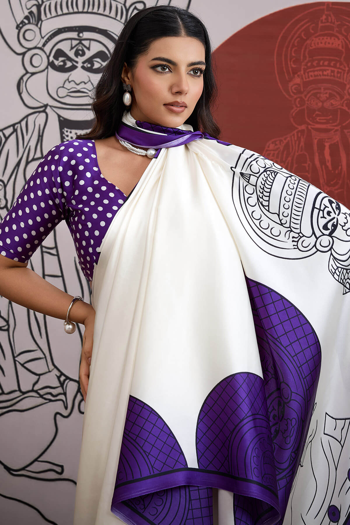 Palimpsest Off White and Purple Ajrakh Printed Satin Silk Saree With Precious Blouse Piece