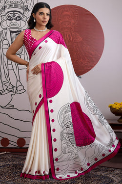 Luminous Off White and Pink Ajrakh Printed Satin Silk Saree With Phenomenal Blouse Piece