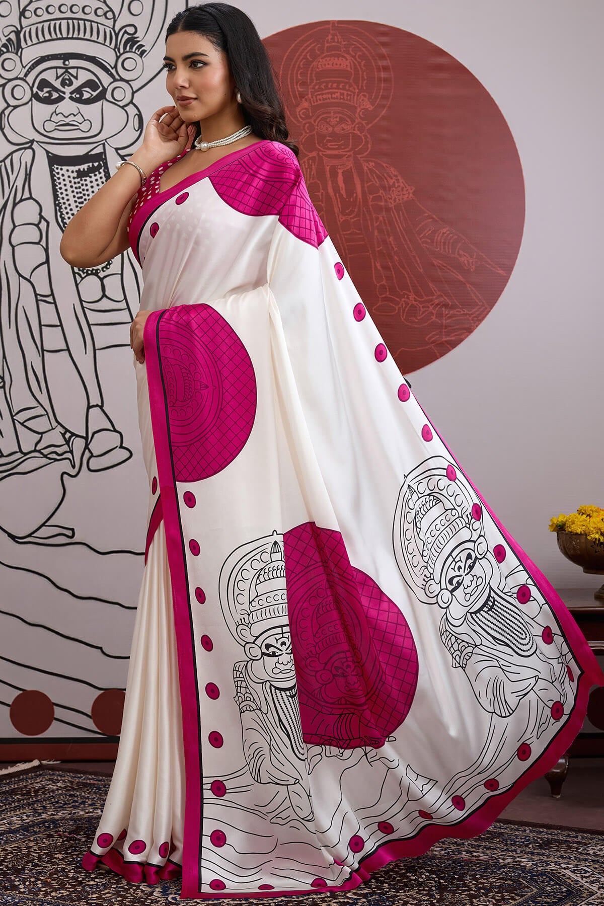 Luminous Off White and Pink Ajrakh Printed Satin Silk Saree With Phenomenal Blouse Piece